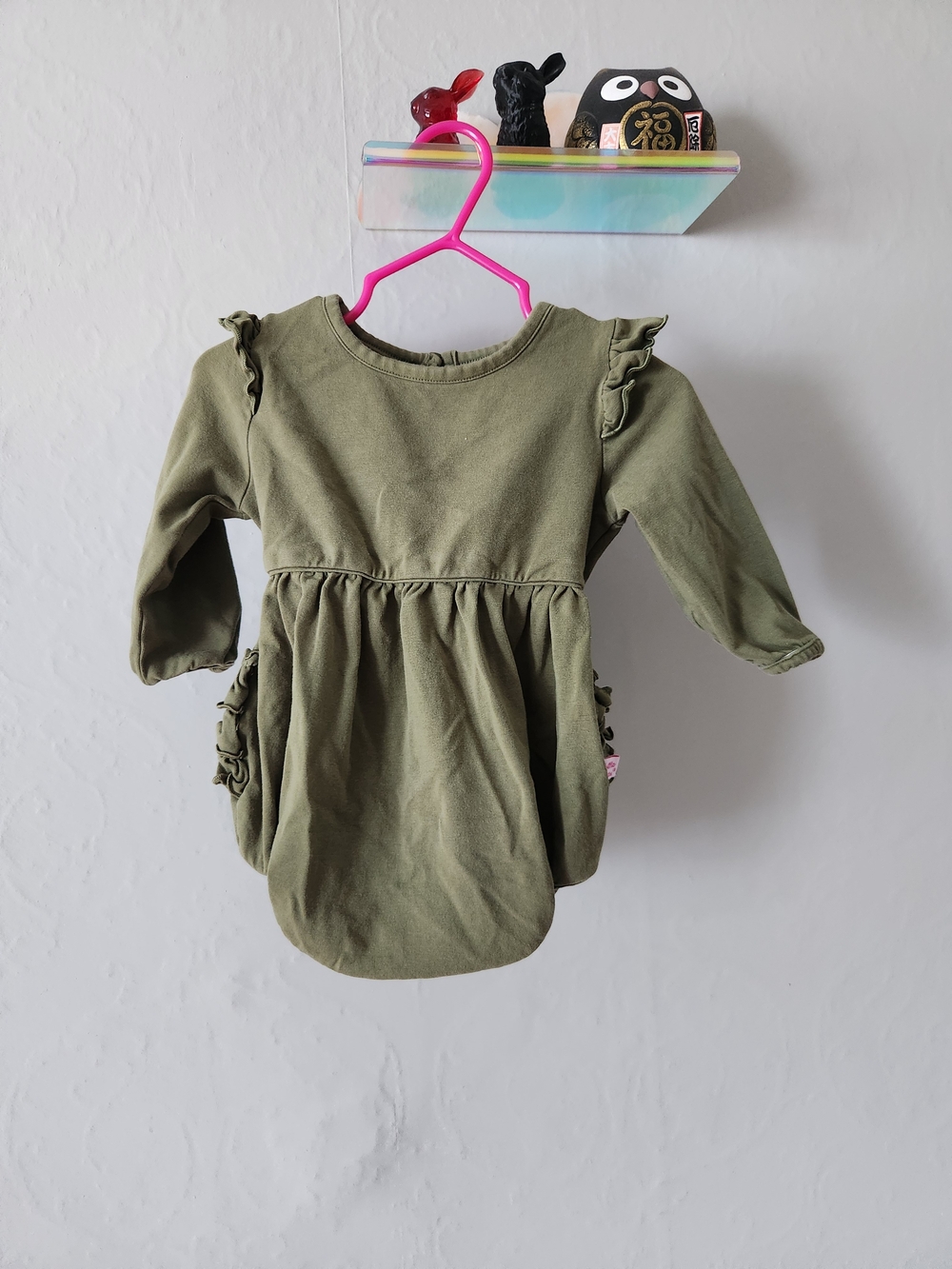 Ruffle Butts Olive Green Long Sleeve Ruffle Baby Bodysuit